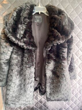 GUESS shiny Black Faux Fur Teddy Coat with Shawl Collar